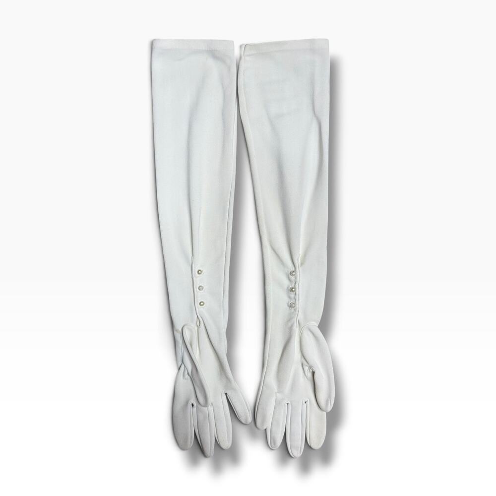Vintage Opera Gloves White Nylon Size 8 Faux Pearl Buttons Long Made Philippines